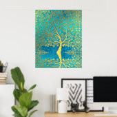 Goudboomreflectie op Blue Peacock Poster (Thuiskantoor)