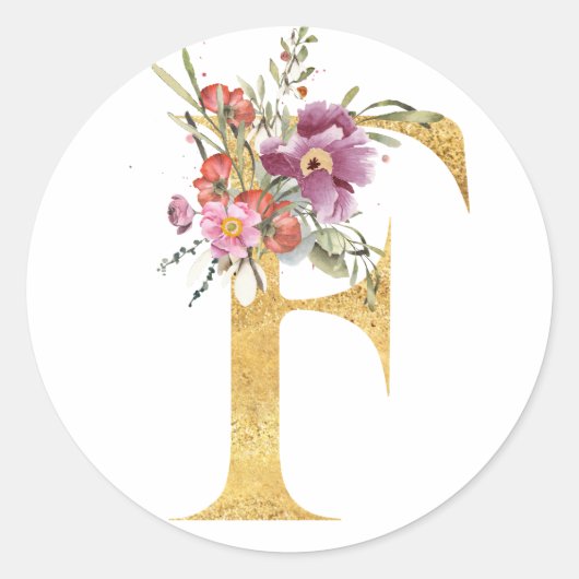 Goudbrief F met bloemen Ronde Sticker (Voorkant)