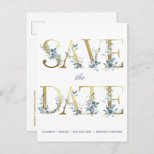 Goudbrieven blauwe Waterverf bloemen Aankondigingskaart (Voorkant / Achterkant)