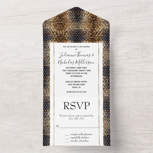 Goudbruin Zwart Ivoor Slangenhuid All In One Uitnodiging (Binnen)