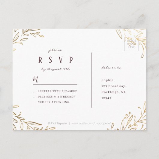 Goudbruine botanische bruiloft RSVP Uitnodiging Briefkaart (Achterkant)