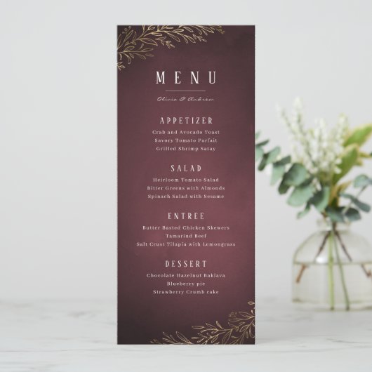 Goudbruine botanische elegante bruiloft menu (Staand voorkant)