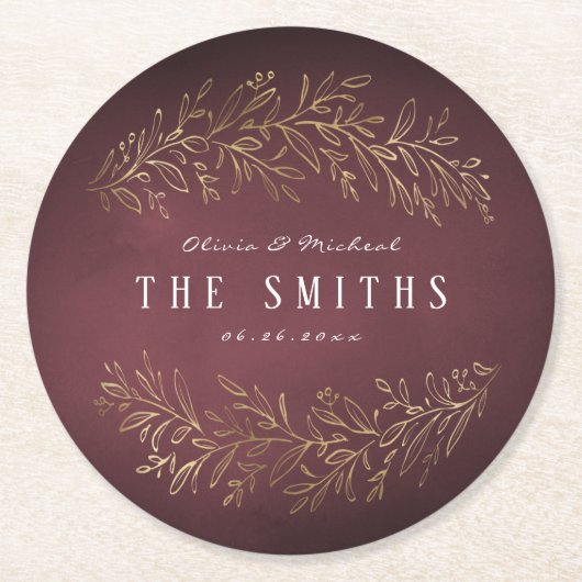 Goudbruine botanische elegante bruiloft ronde kartonnen onderzetter (Voorkant)