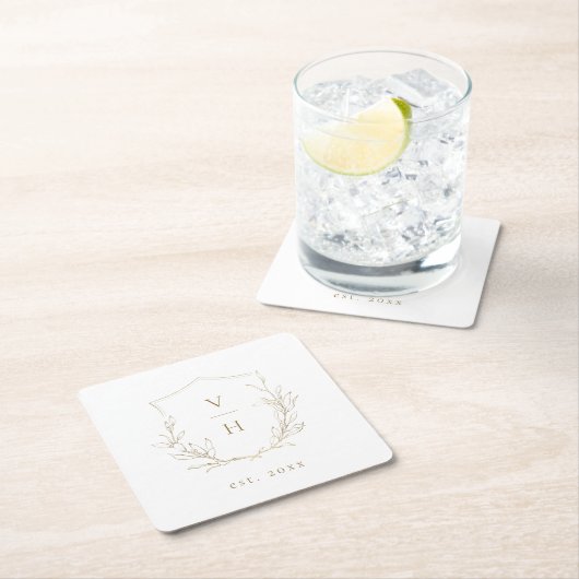 Goudbruine, botanische monogram bruiloft kartonnen onderzetters (Insitu)