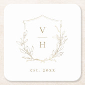 Goudbruine, botanische monogram bruiloft kartonnen onderzetters (Voorkant)