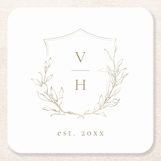 Goudbruine, botanische monogram bruiloft kartonnen onderzetters (Voorkant)