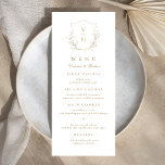 Goudbruine, botanische monogram bruiloft menu<br><div class="desc">Monogrammed-initialen,  omgeven door elegante krest en met de hand geïllustreerde botanische bladeren,  menudetails in elegant script en klassiek lettertype,  eenvoudig en luxe. Geweldig faux goud en wit menu voor een moderne klassieke bruiloft,  eenvoudige formele bruiloft,  elegante botanische tuinbruiloft. Bekijk alle overeenkomende stukken in het collectie.</div>