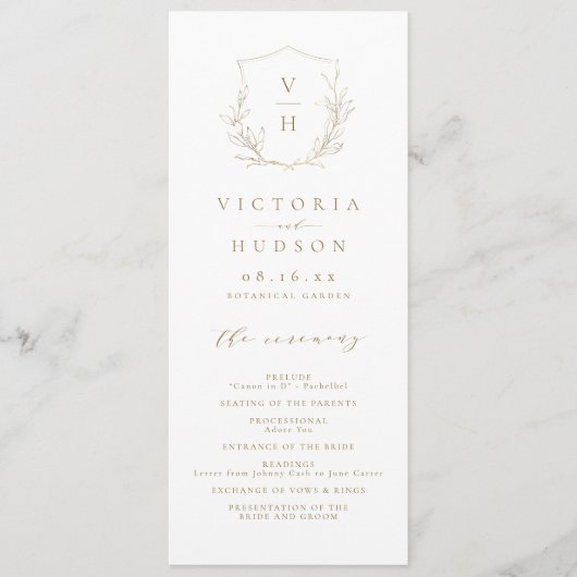 Goudbruine, botanische monogram bruiloft programmakaart (Voorkant)