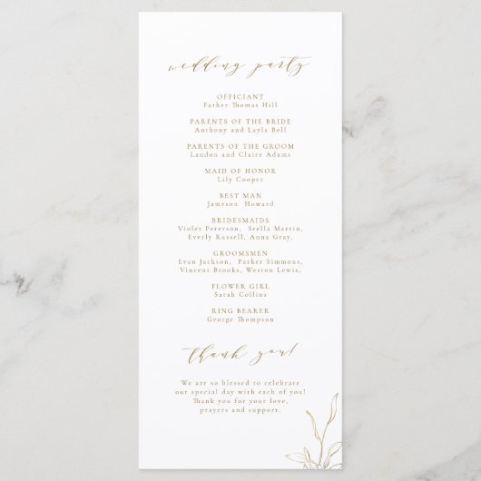 Goudbruine, botanische monogram bruiloft programmakaart (Achterkant)