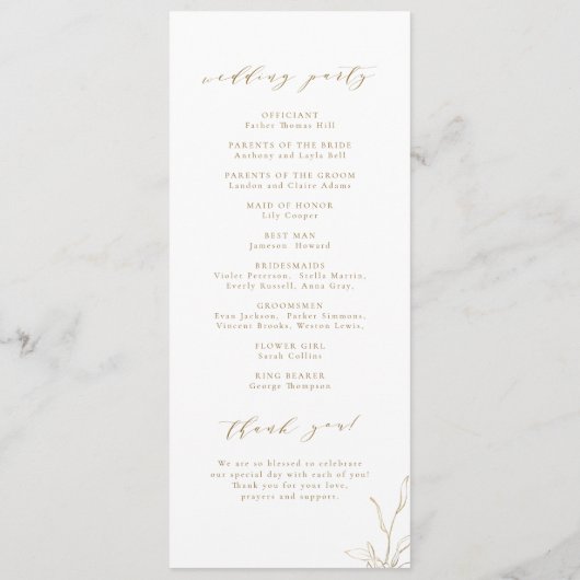 Goudbruine, botanische monogram bruiloft programmakaart (Achterkant)