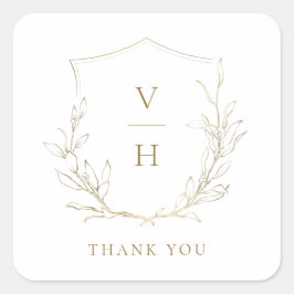 Goudbruine, botanische monogram bruiloft vierkante sticker