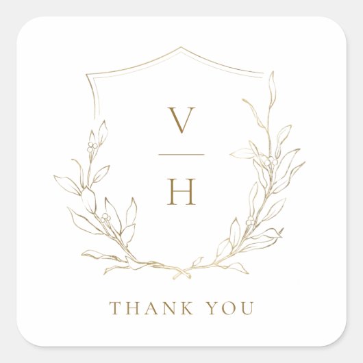 Goudbruine, botanische monogram bruiloft vierkante sticker (Voorkant)