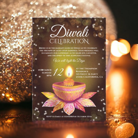 Goudbruine Diwali Lampen licht illustratiescript Kaart