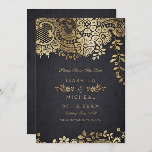 Goudbruine elegante lace bruiloft met uitzondering save the date (Voorkant / Achterkant)