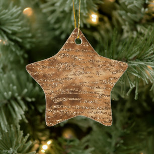 Goudbruine glitter strepen keramisch ornament