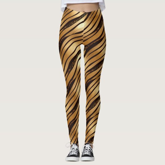 Goudbruine luipaard print strepen leggings (Voorkant)