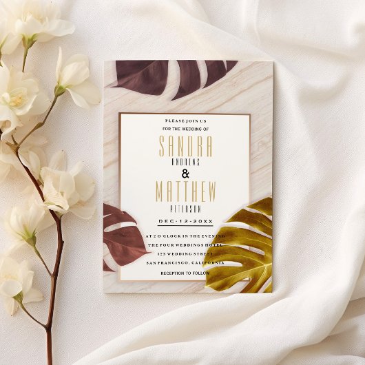 Goudbruine roos gouden marmer tropisch huwelijk kaart