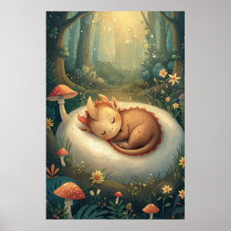 Goudbruine Slaande Babydraak Bosrijke Kinderkamer Poster