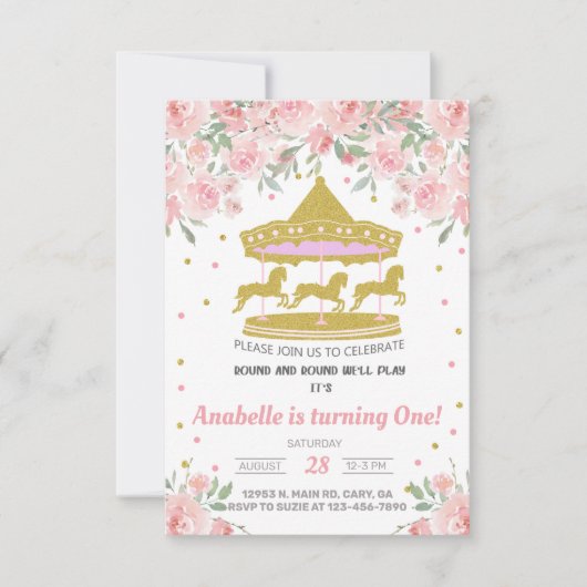 Goudcarrouselmeisje eerste uitnodiging op verjaard (Voorkant)
