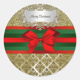  goudchampagne Damask Red Green Ribbn Xmas Ronde Sticker