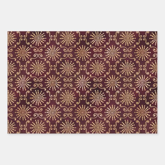 Goudcirkels en wervelingen op donkerrood inpakpapier vel (Voorkant 3)