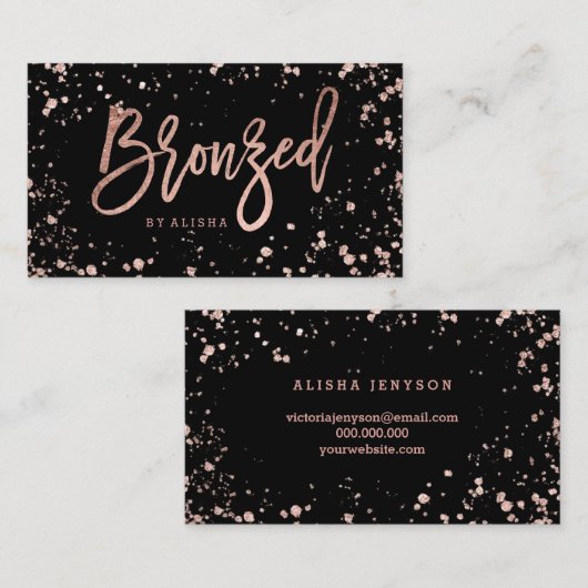 Goudconfetti-splatters met gelabeld script roos visitekaartje (Voorkant / Achterkant)