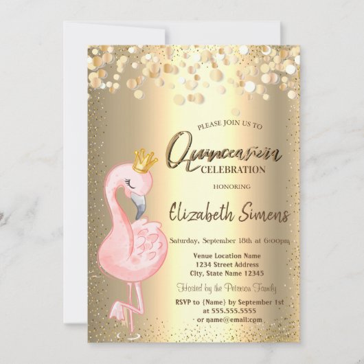 goudConfetti Stippen, roze Flamingo Crown Quinceañ Kaart (Voorkant)