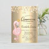 goudConfetti Stippen, roze Flamingo Crown Quinceañ Kaart (Staand voorkant)