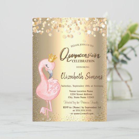 goudConfetti Stippen, roze Flamingo Crown Quinceañ Kaart (Staand voorkant)