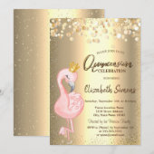 goudConfetti Stippen, roze Flamingo Crown Quinceañ Kaart (Voorkant / Achterkant)