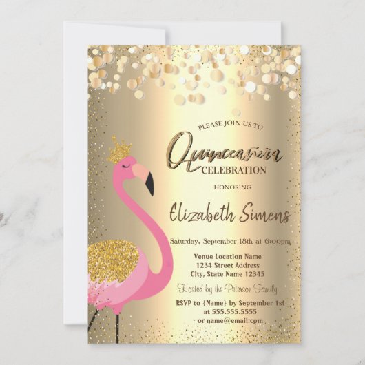 goudConfetti Stippen, roze flamingo Quinceañera Kaart (Voorkant)