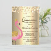 goudConfetti Stippen, roze flamingo Quinceañera Kaart (Staand voorkant)