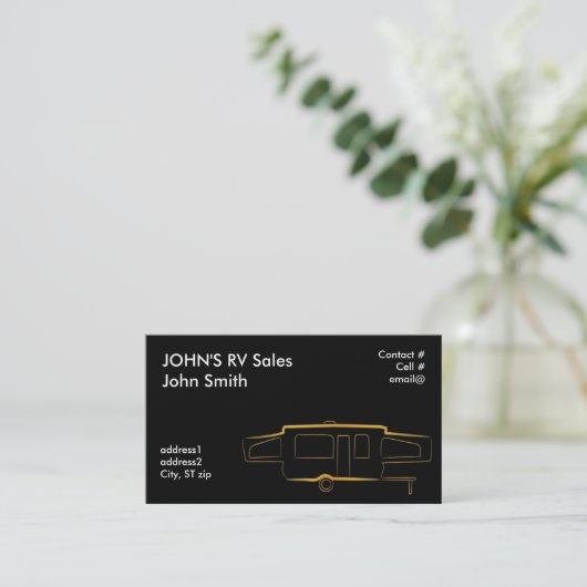 Goudcontour pop in tenttrailer visitekaartje (Staand voorkant)