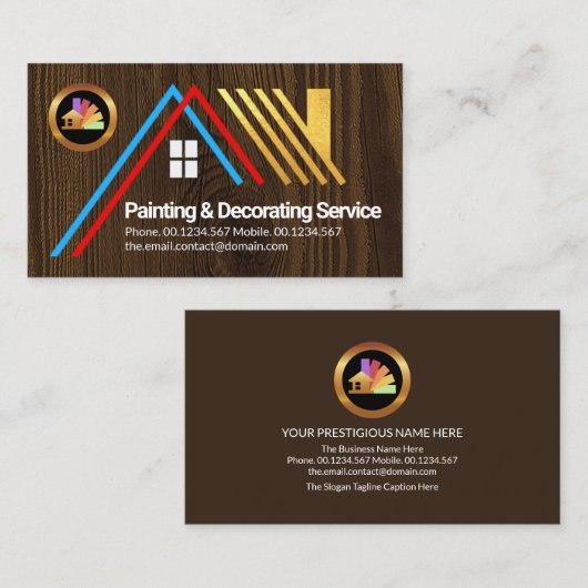 Gouddakbedekking op houten thuisverfdecorator visitekaartje (Voorkant / Achterkant)