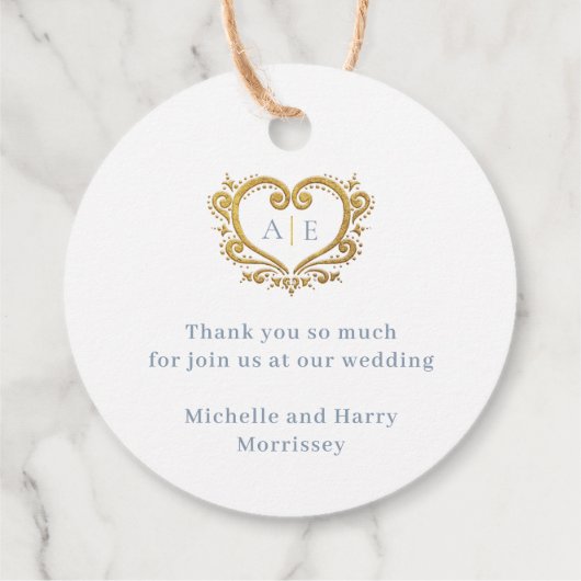 Gouddecoratieve monogram stoffige blauwe bruiloft bedankjes labels (Achterkant)