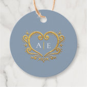 Gouddecoratieve monogram stoffige blauwe bruiloft bedankjes labels (Voorkant)