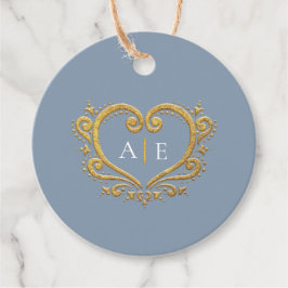 Gouddecoratieve monogram stoffige blauwe bruiloft bedankjes labels
