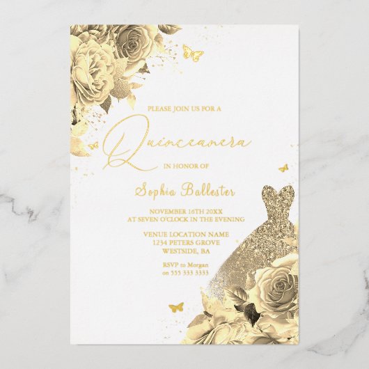 Gouddekers en bloemen Quinceanera Gold Folie Uitnodiging (Voorkant)