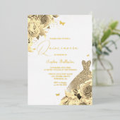 Gouddekers en bloemen Quinceanera Gold Folie Uitnodiging (Staand Voorkant)