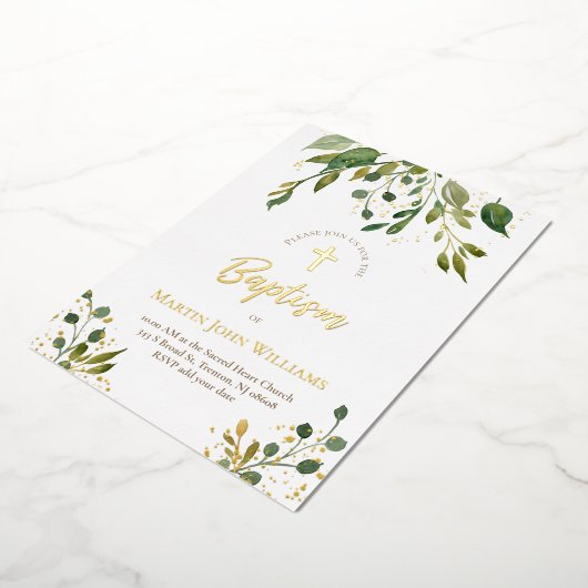 gouddetails waterverf greenery Baptisme Folie Uitnodiging (Gedraaid)