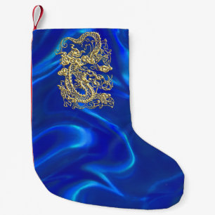 Gouddraak in reliëf op blauw zatin kleine kerstsok