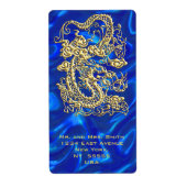 Gouddraak in reliëf op blauwzijplaat etiket (Voorkant)