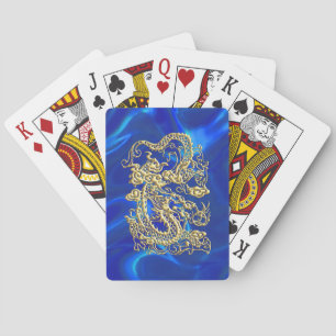 Gouddraak in reliëf op blauwzijplaat pokerkaarten