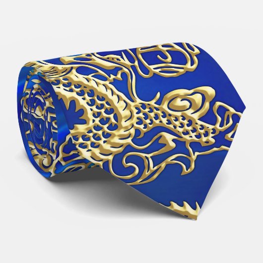 Gouddraak in reliëf op blauwzijplaat stropdas (Opgerold)