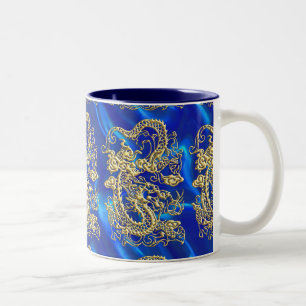 Gouddraak in reliëf op blauwzijplaat tweekleurige koffiemok