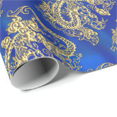 Gouddraak in reliëf op BlueSatin Print Cadeaupapier (Rol Hoek)
