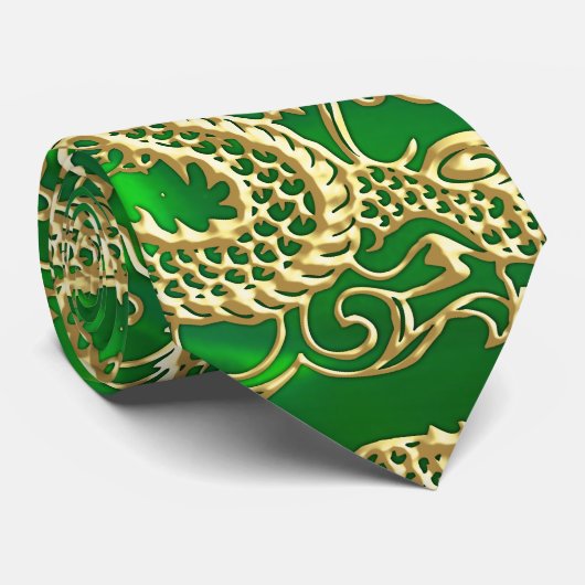 Gouddraak in reliëf op groen stropdas (Opgerold)
