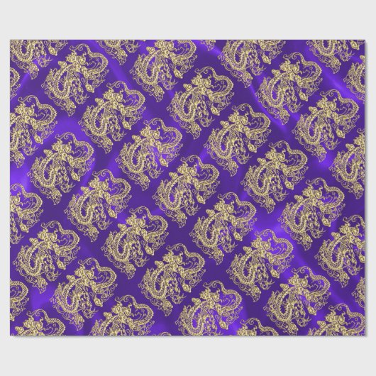 Gouddraak in reliëf op Paarse satijnafdruk Cadeaupapier (Vlak)