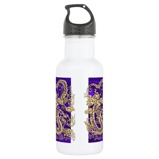 Gouddraak in reliëf op Paarse satijnafdruk Waterfles (Achterkant)