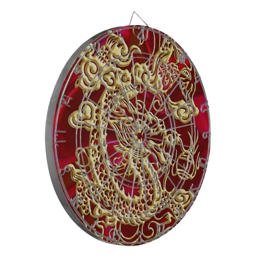 Gouddraak in reliëf op rode plaat dartbord (Voorkant Links)